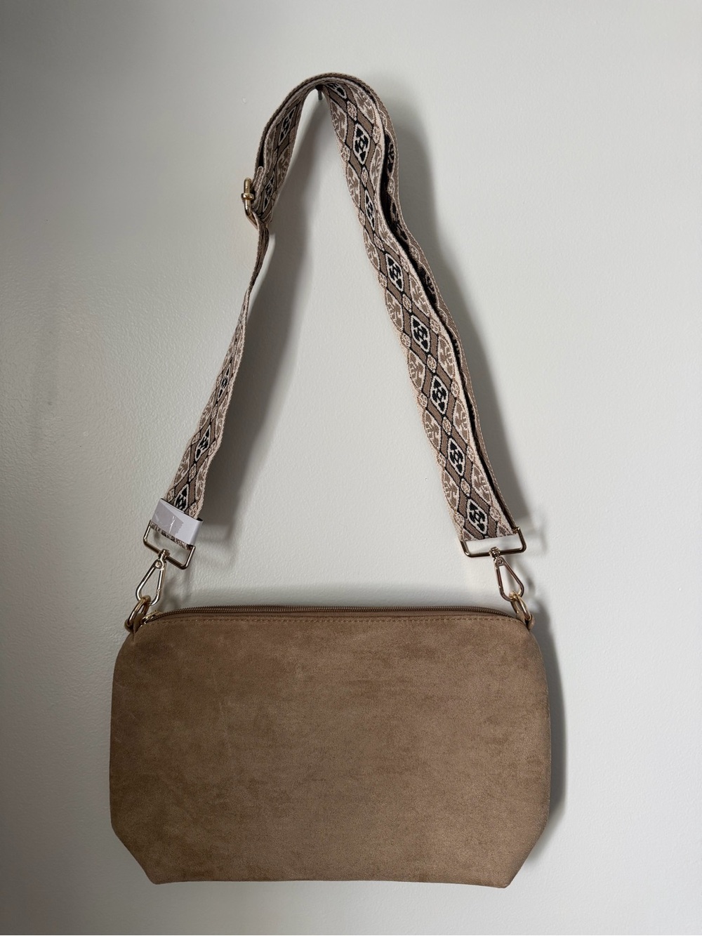 Suede Crossbody Bag with Patterned Strap - Taupe NWOT